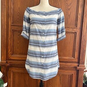 Bella Dahl off-the-shoulder blue striped button-down shirt dress size XS